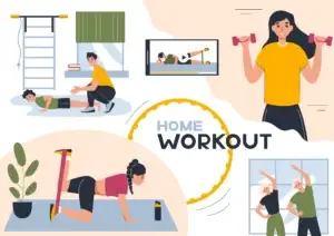 Illustration of diverse men and women doing different home workouts — including yoga, squats, planks, and stretching — representing a beginner-friendly home workout plan without equipment.